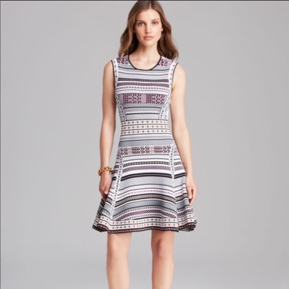 Sleeveless Patterned Fit-and-Flare Dress in White and Black